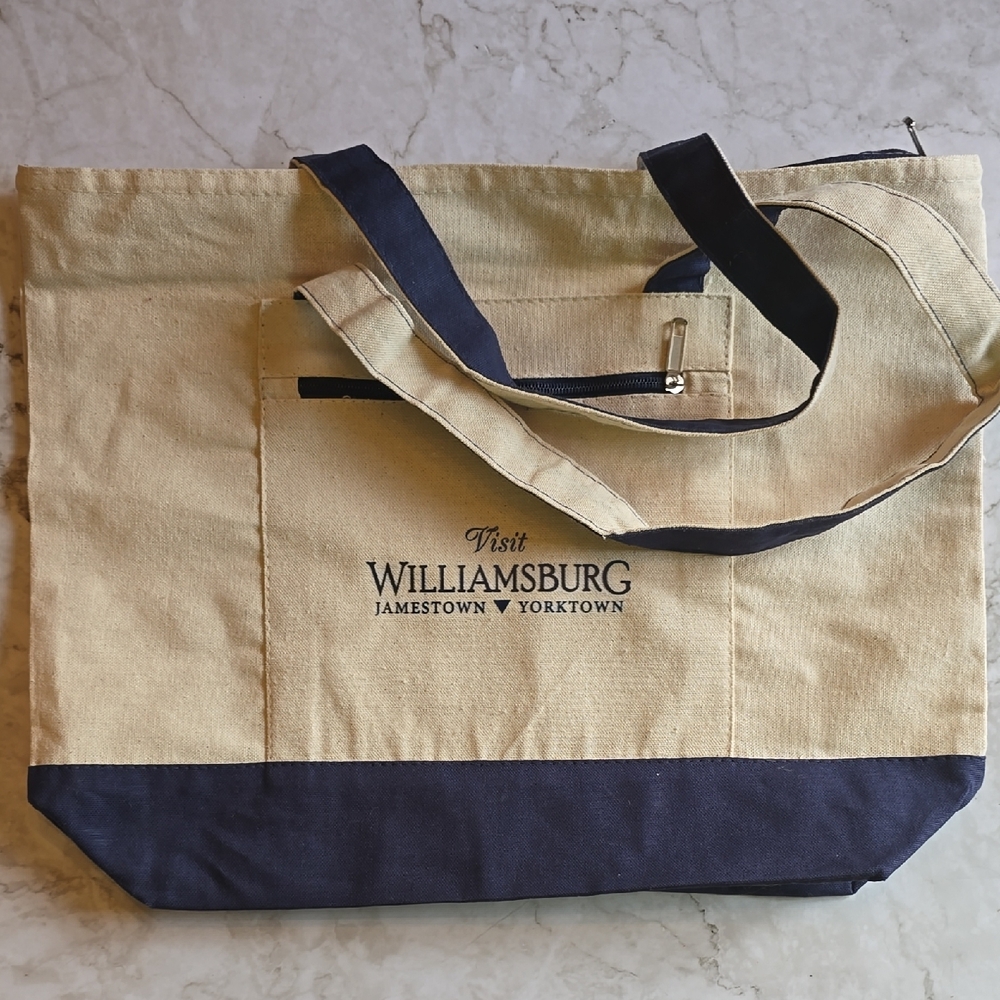 Beige and Navy Tote Bag Zipper Top Colonial Williamsburg